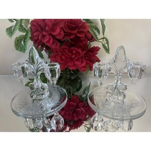 Vintage Etched‎ Cornflower Crystal Candle Holders Likely W.J. Hughes Retro Decor